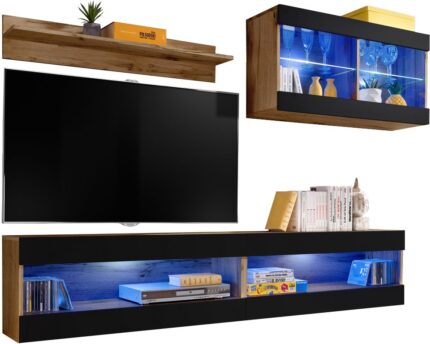 Komodee, Zestaw, Meblościanka, Tivoli SET6, Wotan/Czarny, Szerokość 200cm x Wysokość 195cm x Głębokość 35cm, LED Niebieskie, do Salonu, Sypialni