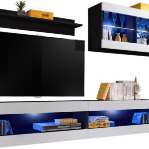  Set, Möbel, Tivoli SET6, Schwarz/Weiß,
  Breite 200cm x Höhe 195cm x Tiefe 35cm, LED Blau, für Wohnzimmer,
  Schlafzimmer
