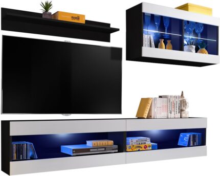 Komodee, Zestaw, Meblościanka, Tivoli SET6, Czarny/Biały, Szerokość 200cm x Wysokość 195cm x Głębokość 35cm, LED Niebieskie, do Salonu, Sypialni