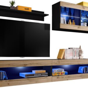  Set, Furniture, Tivoli SET6, Noir/Wotan,
  Largeur 200cm x Hauteur 195cm x Profondeur 35cm, LED Bleu, pour Salon,
  Chambre à coucher